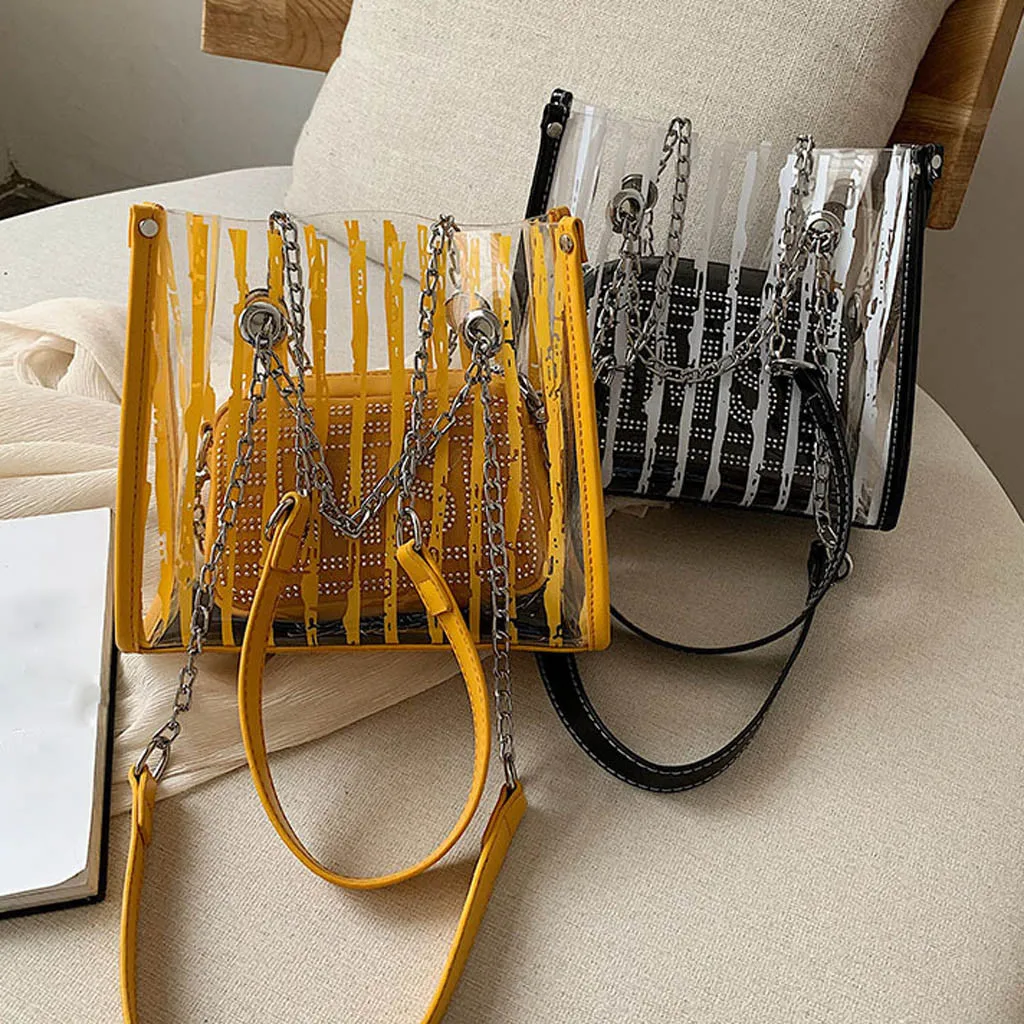 

ISHOWTIENDA Transparent Jelly PVC Bag 2019 Summer New Woman Striped Clear Composite Bag Shoulder Bag Sac Main Femme