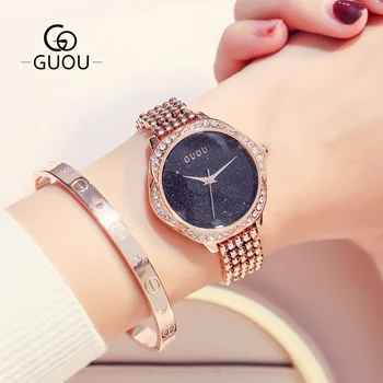 

GUOU Luxury Full Rhinestone Female Girls Dress Bracelet Bangle Quartz Watch Unique Bling Glitter Beads Strap Woman Wristwatch