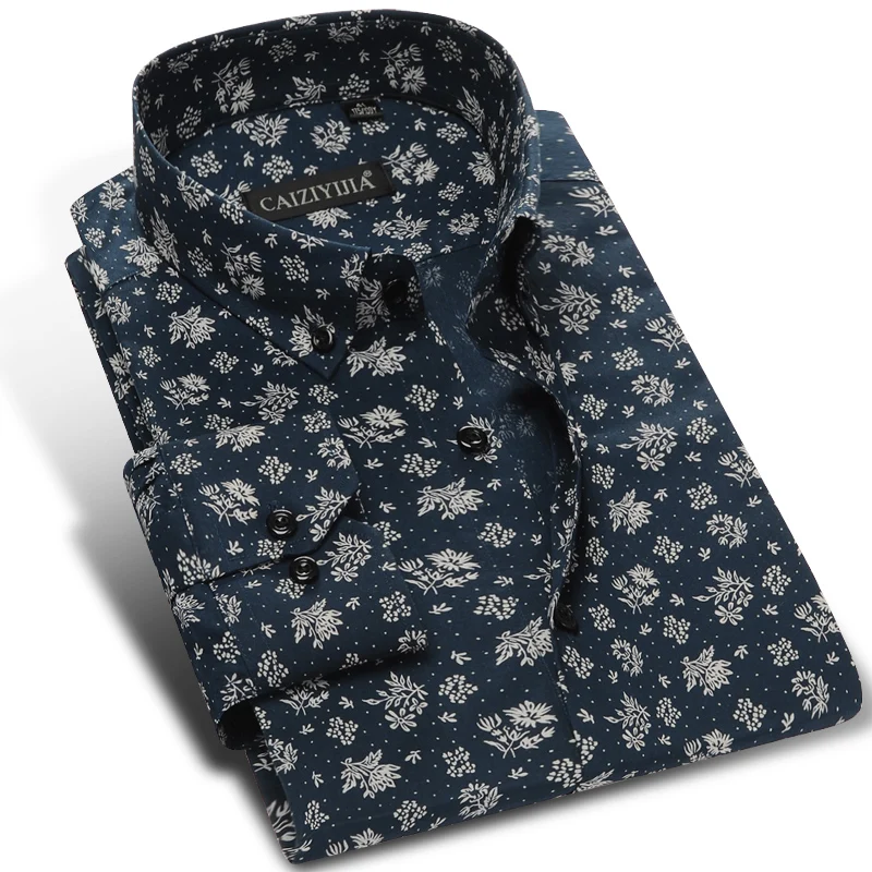 

100% Pure Cotton Dark Blue Printed Smart Casual Men Shirts Long Sleeve Summer Spring Slim Fit Vintage Floral Men Dress Shirts