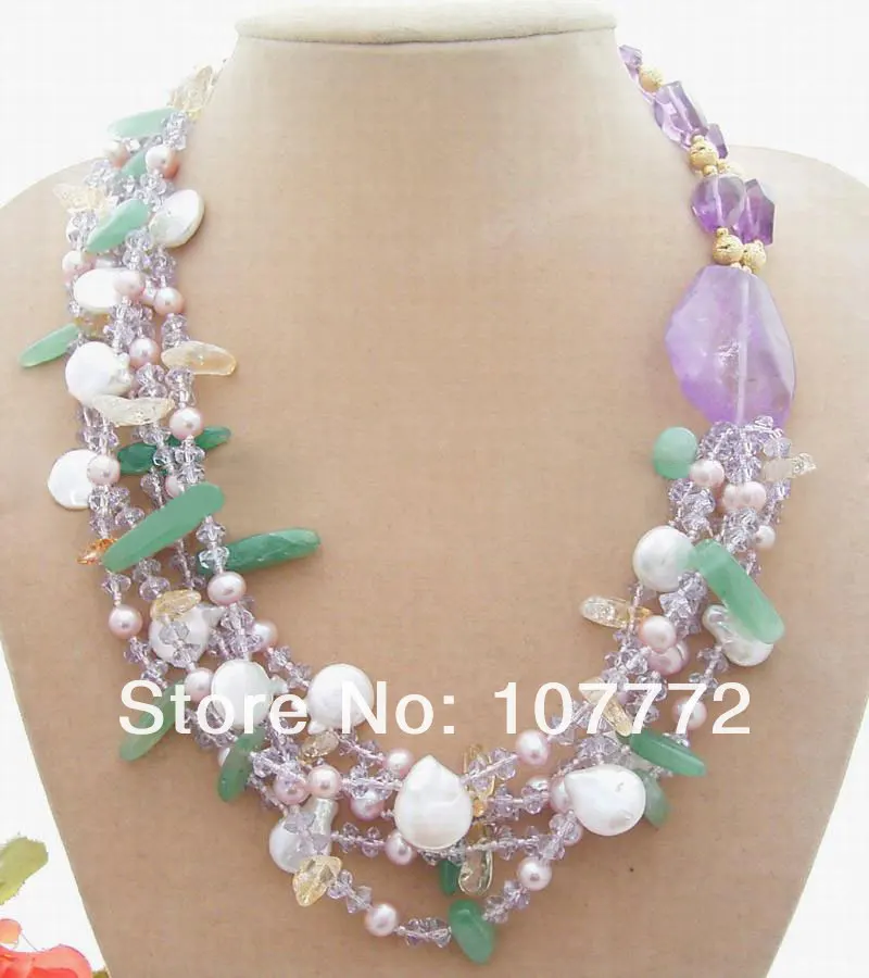 

5 Strands Coin Pearl&Purple Crystal&Blue Stone Necklace
