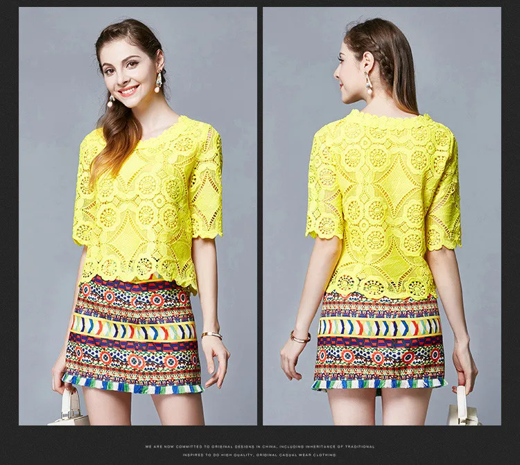 Water Soluble Flowers Lace Top Bohemian Mini Skirt Women Suits (10)
