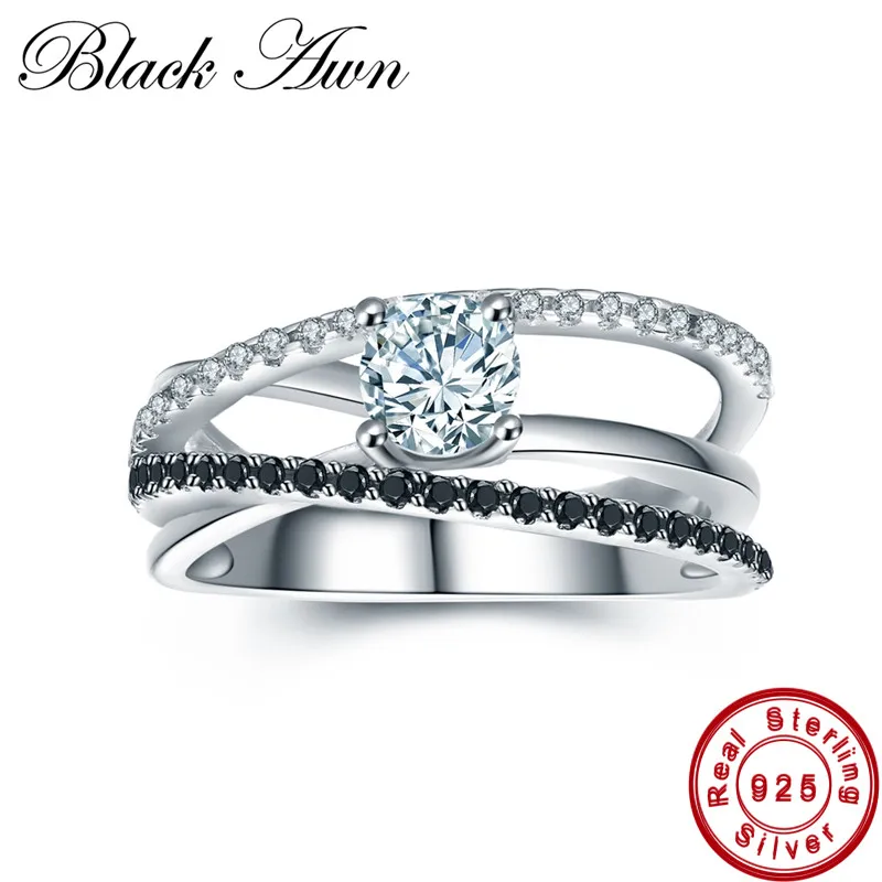 

[BLACK AWN] 4.6g 925 Sterling Silver Jewelry Trendy Wedding Rings for Women Black Spinel Engagement Ring Femme Bijoux Bague C010