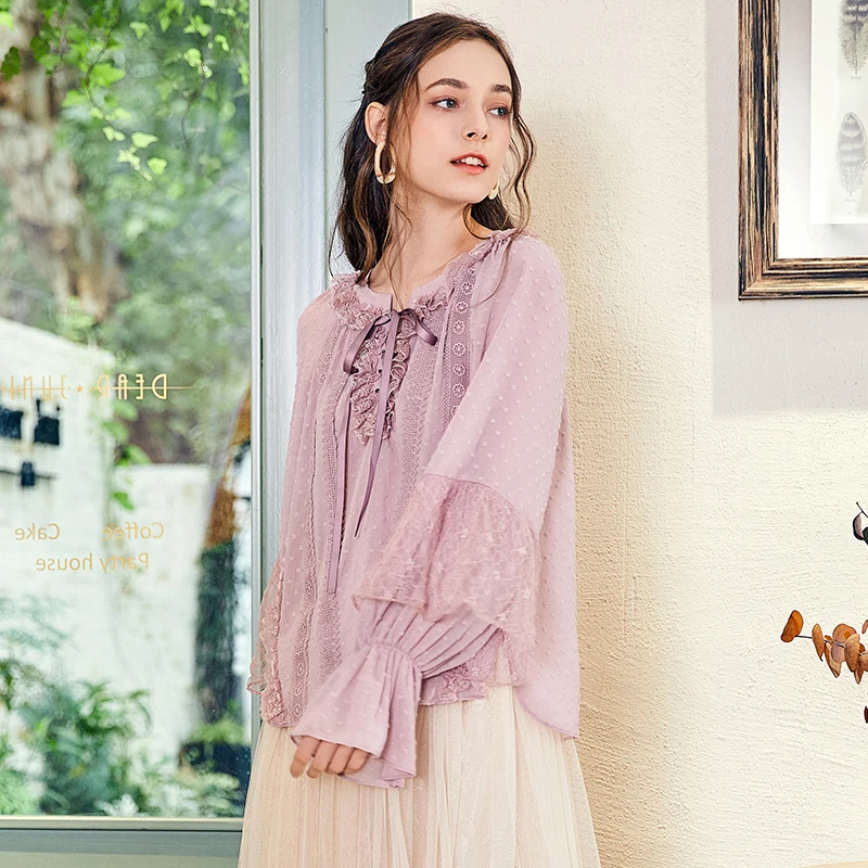 Cordon Femmes À Automne Mousseline Volants Arrondi Soie De Dentelle Élégant Manches Sa15081q Col Nouvelles Chemise Perspective Couture Lavande En Artka 2018 5qIAwtxSY