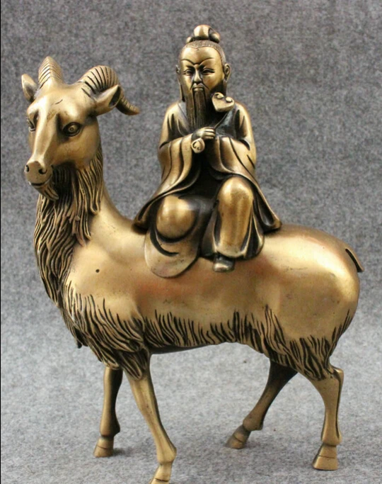 10" Chinese Bronze Old Man God Ride Sheep Goat Statue Incense Burner