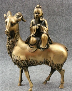 

10" Chinese Bronze Old Man God Ride Sheep Goat Statue Incense Burner Censer