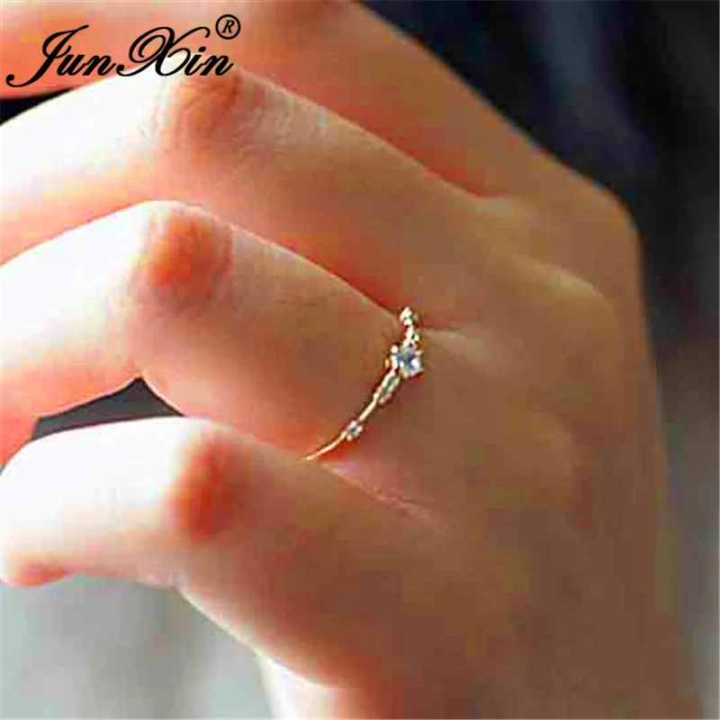 JUNXIN Female Small Crystal Thin Rings For Women 925 Silver Rose Gold Filled White Zircon Stacking Midi Ring Minimalist Jewelry