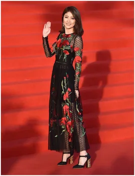 

High quality 2018 summer and autumn new fashion ladies runway complex mesh yarn embroidery long sleeves women dress