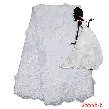 

High Quality White Nigerian 3D Flower Lace With Beads African French Net Lace Fabric Embroidered Tulle Lace For Dress AMY2555B