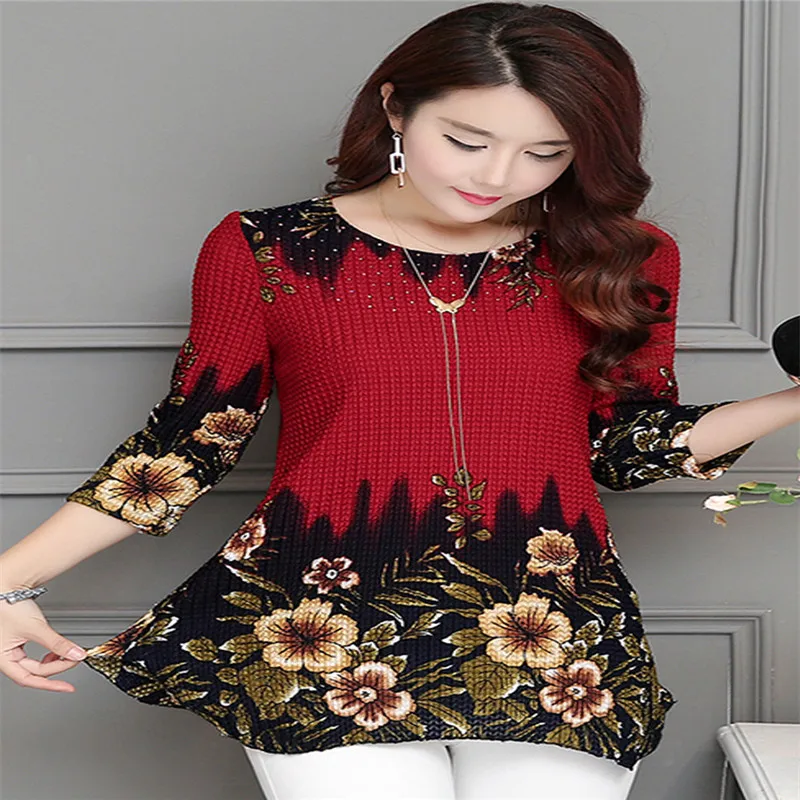 

2019new summer style chiffon printing Seven sleeves round neck loose grace georgette Medium style