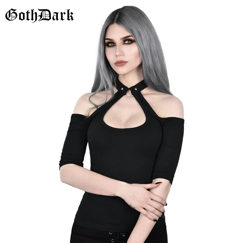 

Gothic off shoulder backless t-shirt women cut out black halter crop tops sexy slim fit hoop cool tee 2019 fashion streetwear