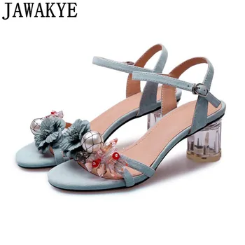 

Sweet Transparent Crystal high heel sandals women genuine leather ankle buckle strap diomand flower summer shoes female