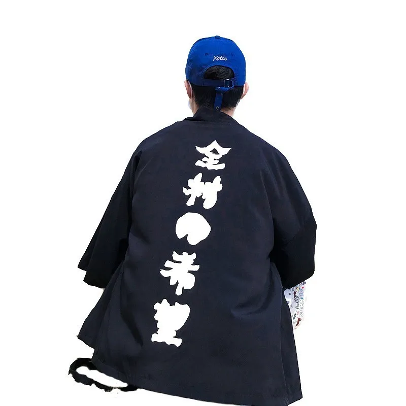 #4285 سترة كيمونو قمصان الرجال الشارع الشهير المتناثرة الذكور ثوب الكيمونو الياباني قميص فضفاض واقية من الشمس قمم الأسود أسود قميص هاواي صيفي