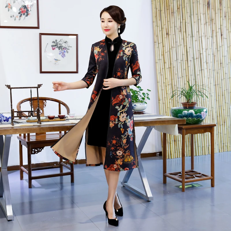 Шанхай история Китайский традиционный комплект одежды бархат Qipao Восточный стиль платье 3/4 рукав платье Чонсам комплект из 2 предметов