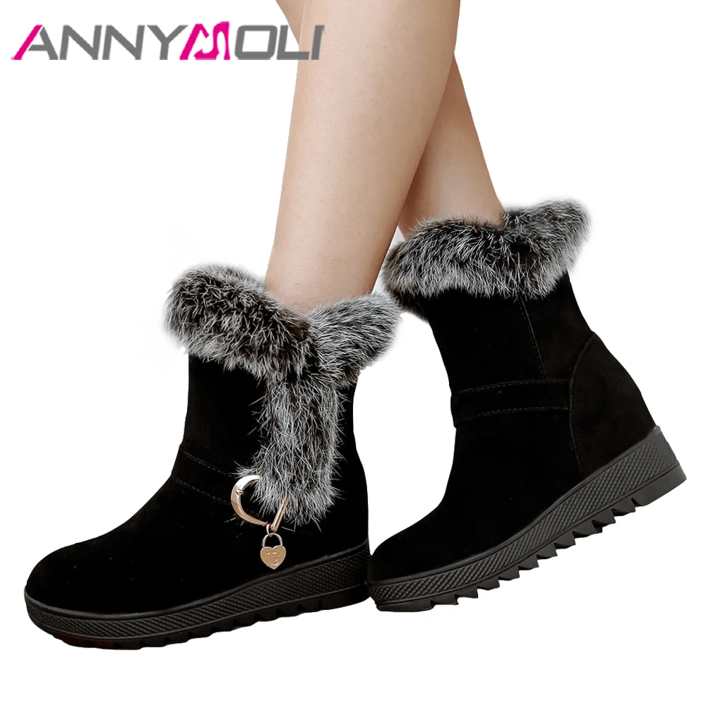 

ANNYMOLI Winter Snow Boots Plush Shoes Women Ankle Boots Real Rabbit Fur Ladies Short B Platform Wedge Heels Red Plus Size 35-43