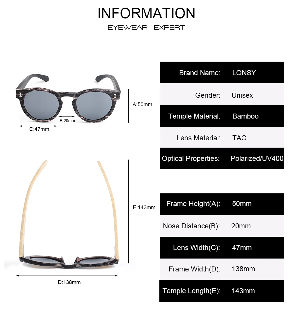 Солнцезащитные очки LONSY Bamboo Мужские/Женские Ретро Поляризованные бамбуковые солнцезащитные очки LS5008