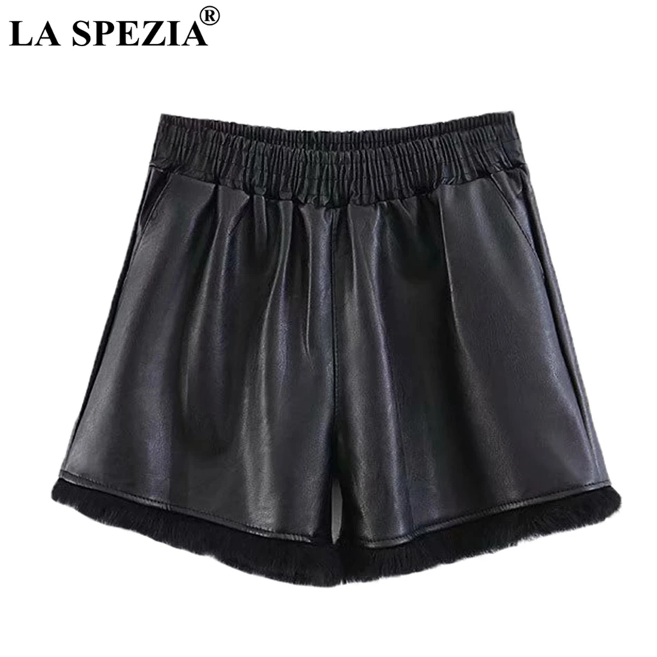 LA SPEZIA кожаные шорты женские черные с искусственным мехом короткие шорты женские с карманом свободные OL простые женские зимние теплые