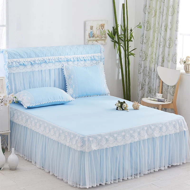 Romantic Wedding Bedding Mattress Cover Pillow cases 1/3pcs Solid Lace Princess Bedspread Bed Skirt Fitted Sheet Twin Queen King