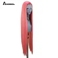 Anogol Strawberry Pastel- Pink High Temperature Fiber Long Natural Straight Synthetic Lace Front Wigs for White women
