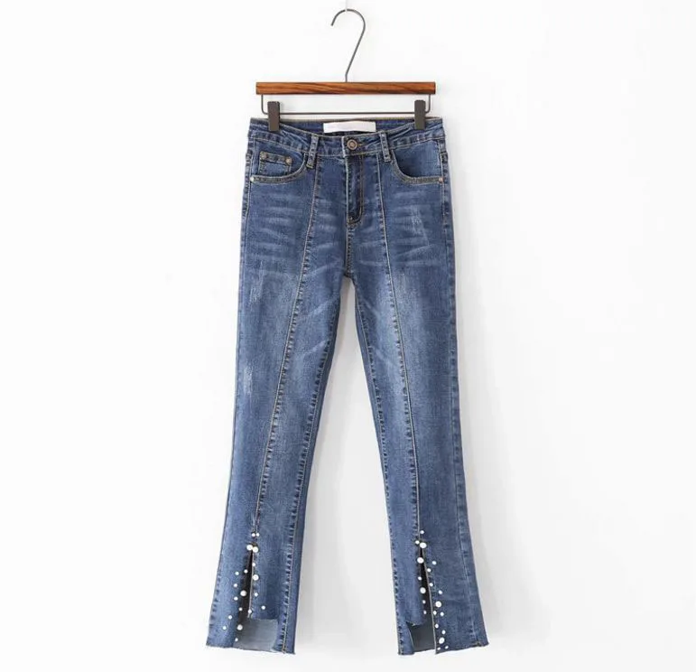 

HCBLESS Summer new women trousers nails pearl irregular splits micro-la jeans stretch nine pants