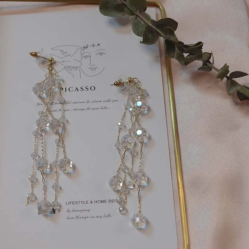 

1pair Handmade Dreamy Romance Long Crystal Tassel Earring Ear Stud Ear Drop Ear Clip Fashion Women Jewelry Party Gift N1
