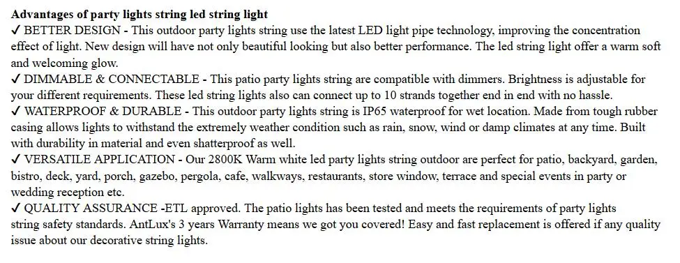 Advantage LED String Light 52FT LED Outdoor String Lights - 1.5W Dimmable Vintage Edison Bulbs - Heavy Duty Cord 18 x E26 Hanging Sockets - Warm W