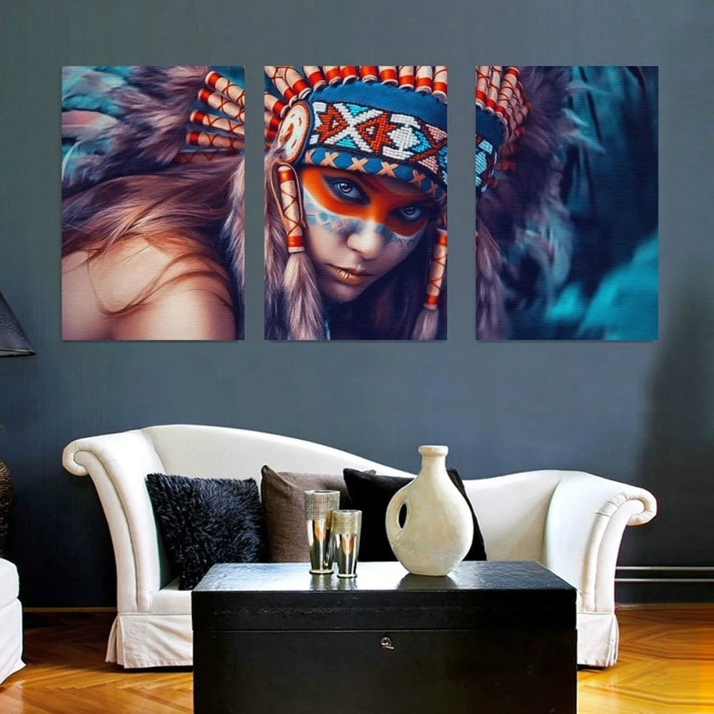 

Canvas Picture Home Decor Living Room 3 Pieces Native American Indian Girl Feathered Paintings Modular HD Prints Wall Art Poster