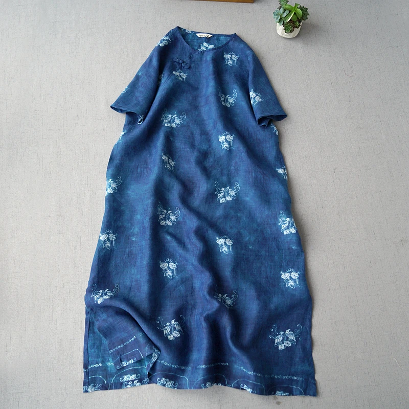

Summer New Arrival Women Casual Brief Loose Plus Size Mori Girls Chinese Style Buttons Blue Print Comfortable Thin Ramie Dresses