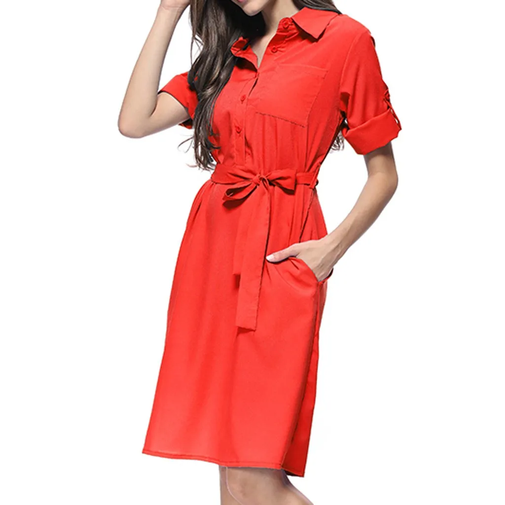 Summer Dress Women Fashion Casual Solid Color Pockets Button Turn-down Collar Three Quarter Sleeve Knee Length Vestidos OY41 - Цвет: As the photo show