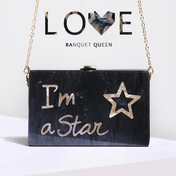 

2019 New Letter Pattern Small Square Bag Acrylic Handbag and Clutch with Chain Evening Box Bag