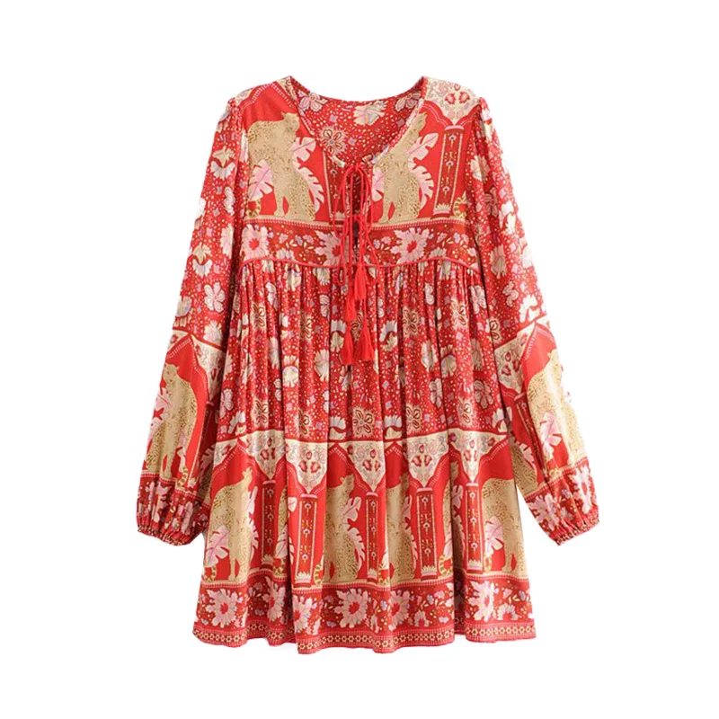 

GYPSY Boho Chic Summer Tops Vintage Floral Print Tassel Blouses Women Fashion Long Sleeve Pleated Beach Shirts Femme Blusas