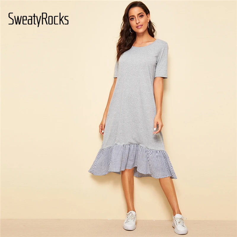 

SweatyRocks Grey Striped Flounce Hem Tee Dress for Women 2019 Summer Short Sleeve Streetwear Midi Dresses Stretchy Casual Dress