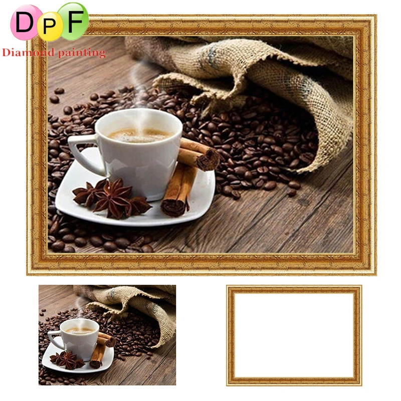 

DPF Framed Diamond Embroidery round Diamond Painting Diamond Cross Stitch Rhinestone home Decoration painting cup of coffee