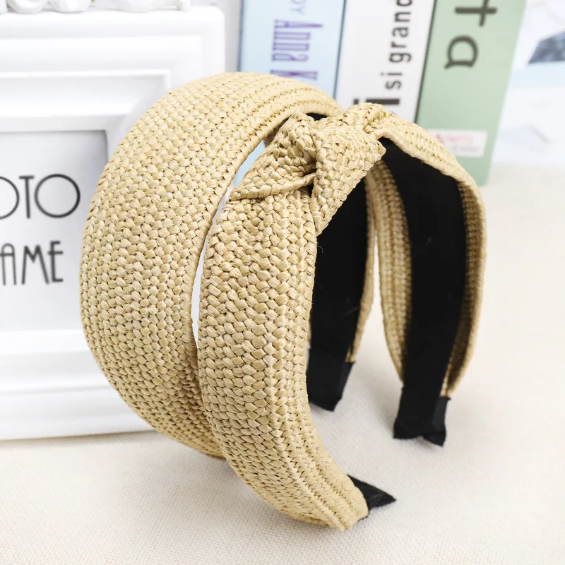 AOMU 1 шт., богемная летняя соломенная повязка для волос с узлом, одноцветная повязка ручной работы из ротанга, пляжные аксессуары для волос