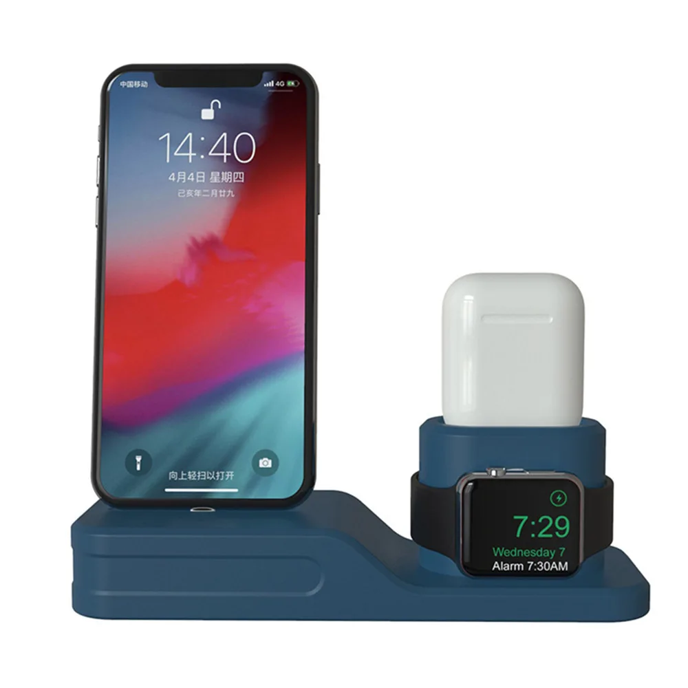 4 в 1 зарядная док-станция для iPhone X XR XS Max 8 7 6 Apple Watch Airpods зарядное устройство держатель iWatch крепление подставка Док-станция - Цвет: Темно-синий