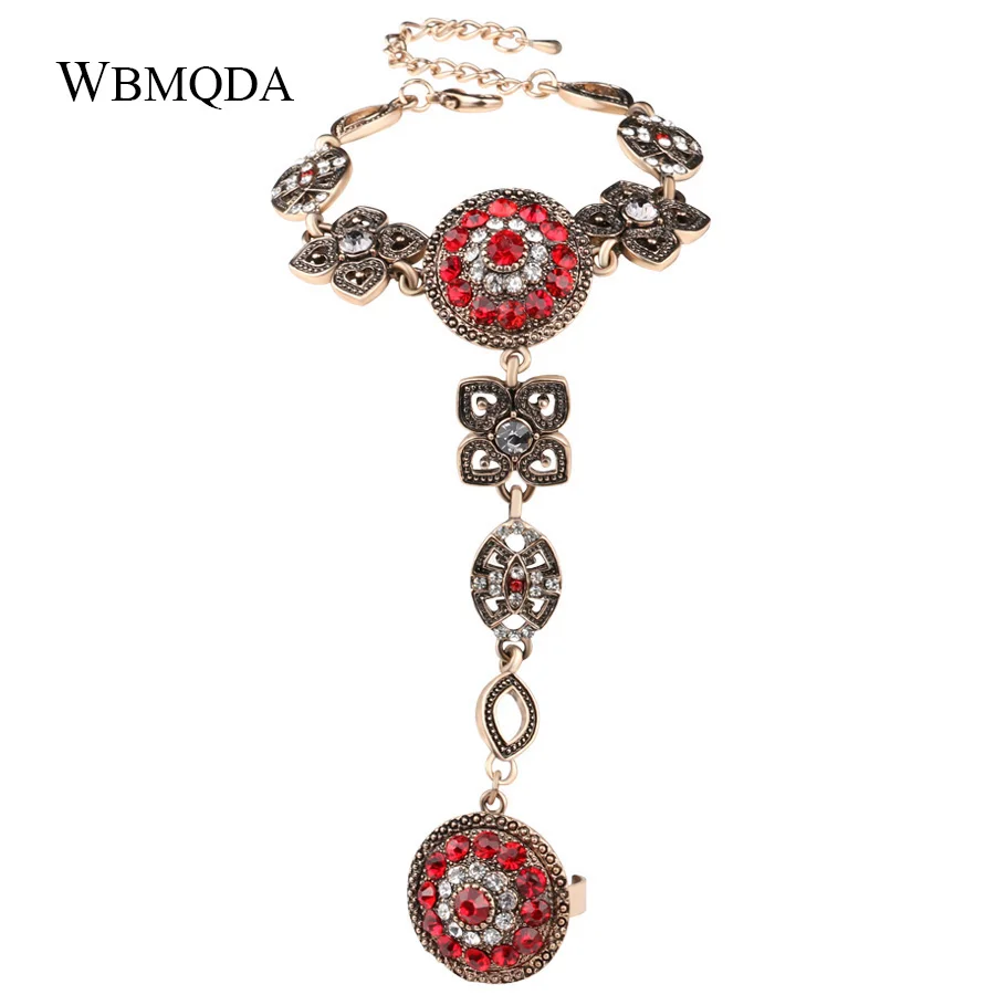 Boho Red Crystal Flower Finger Ring Bracelet Vintage Antique Gold Hand Harness Bracelets For