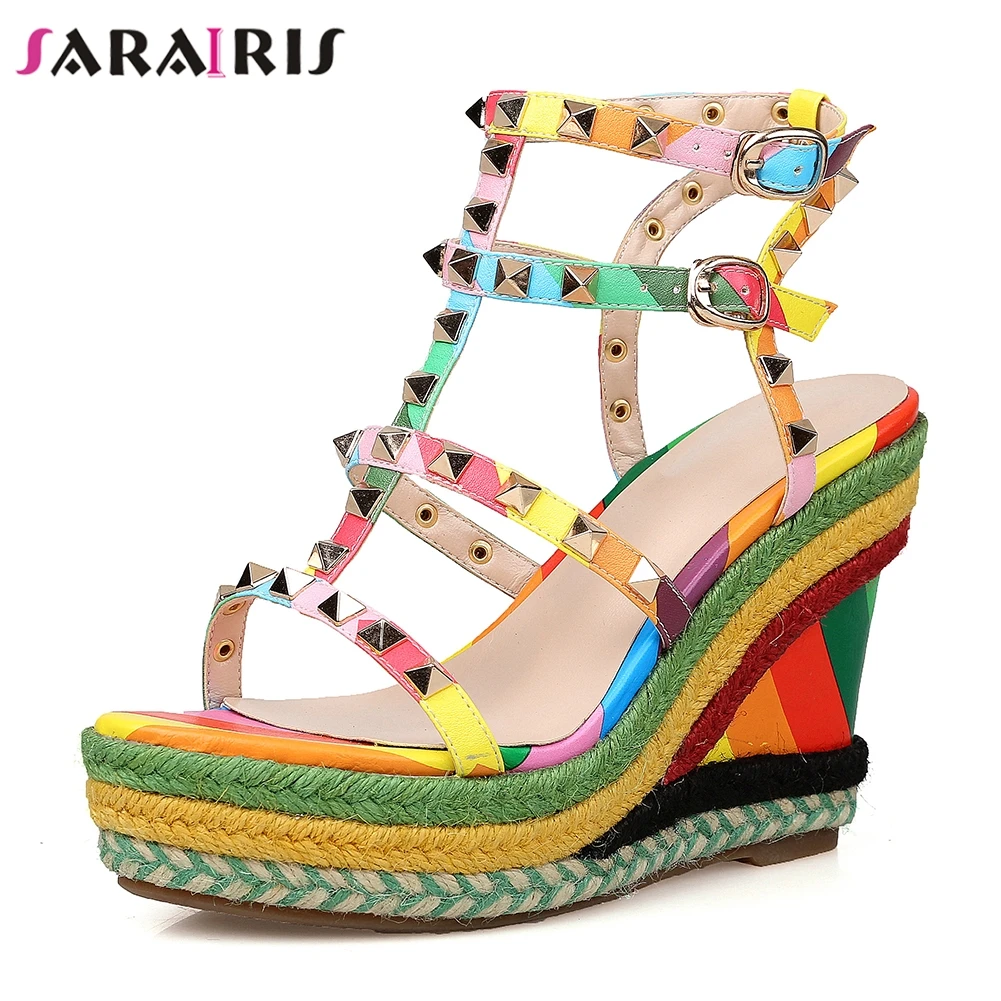 

SARAIRIS 2019 Brand genuine leather best quality colorful Rivets Wedge High Heel Summer Platform Party Sandals Woman Shoes