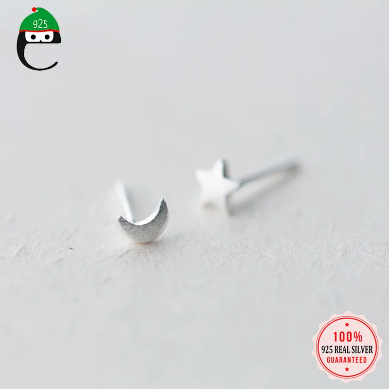 

ElfoPlataSi S925 Tiny Asymmetric Star Moon Stud Earring For Women Girl Kid Lady 100% 925 Sterling Silver Jewelry Wholesale XY404