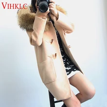 Новые модные зимнее шерстяное пальто Женская обувь Большой Настоящее енота меховой воротник Тренч с капюшоном Повседневное длинная верхняя одежда дамы Пальто для будущих мам Куртки