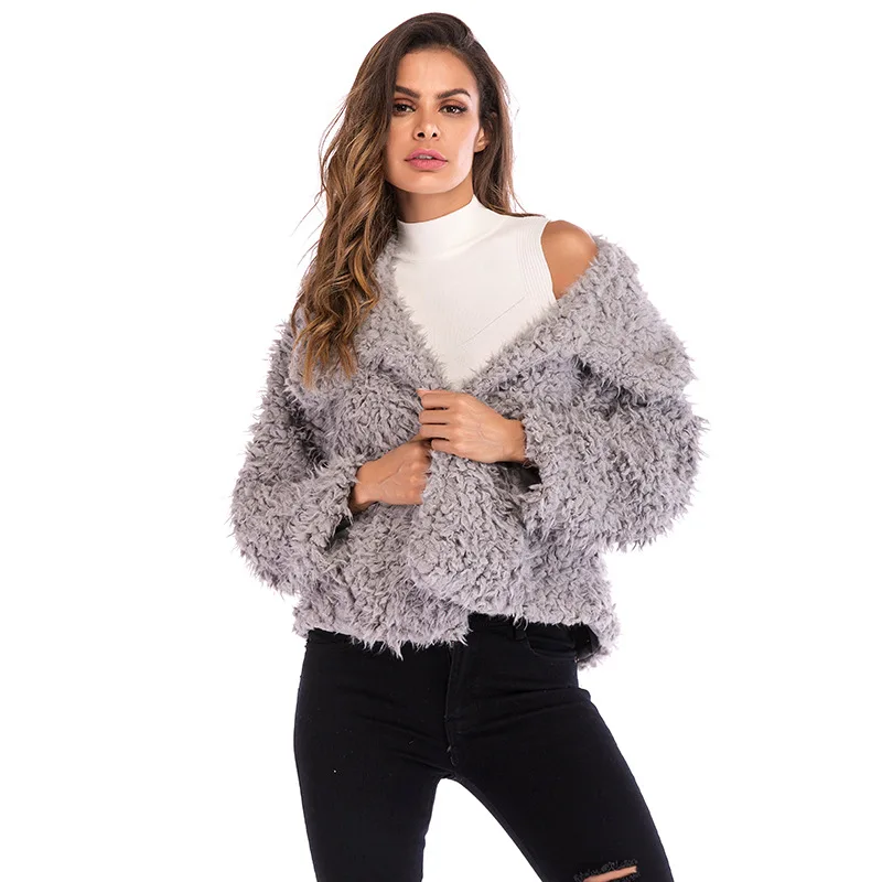 European And American New Winter Women Coat Female Solid Color Lapel Fur Warm Wild Short Jacket Girls Fashion Sweater Coat