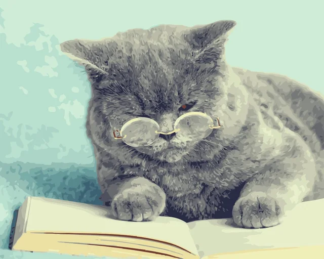 MaHuaf i587 smart Cat with glasses reading DIY oil painting by Numbers