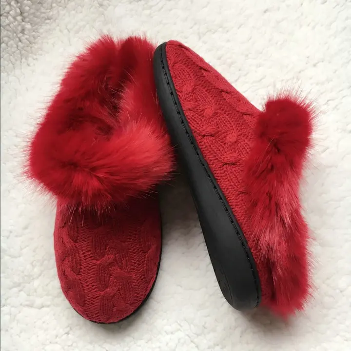 Women's Soft Yarn Cable Knitted Faux Fur Collar Slip On Slippers Memory Foam Anti-Skid Sole House Slipper Shoes (7)