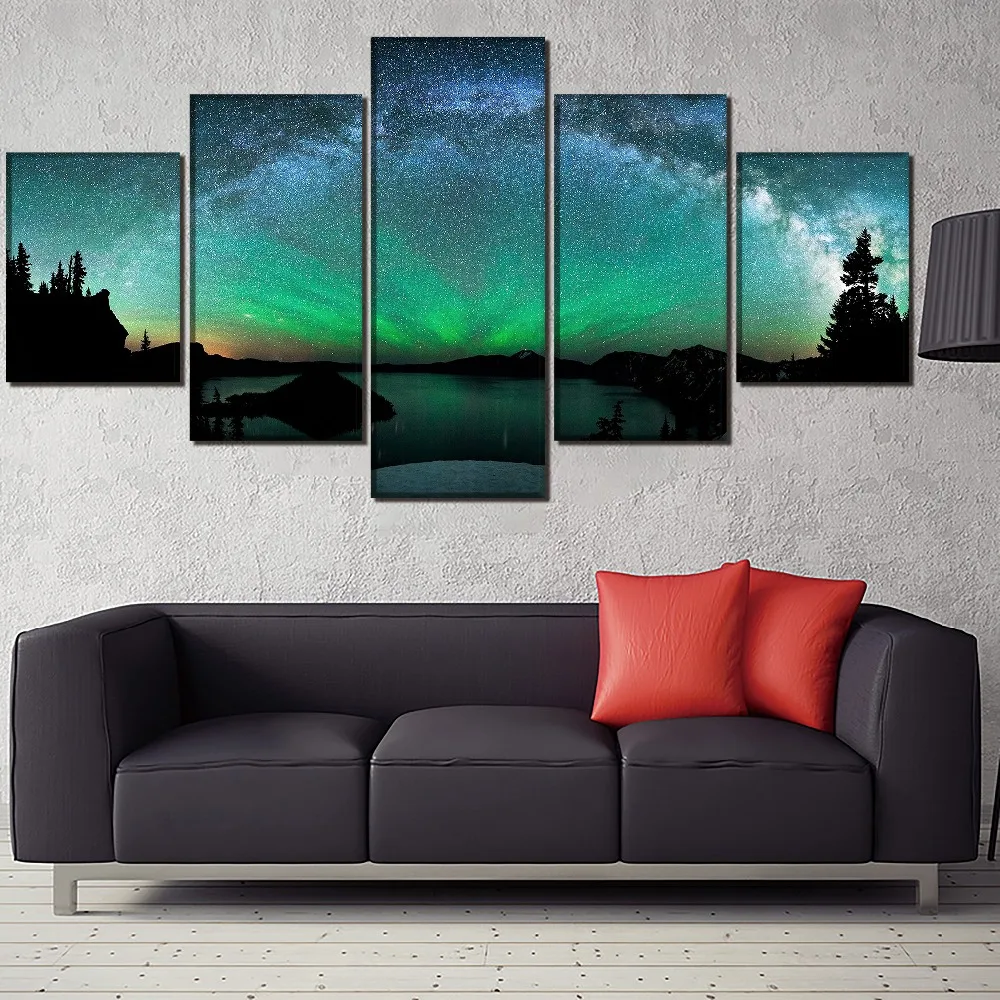 

Canvas Wall Art Home Decor Poster Framework Print Painting 5 Panel Aurora Borealis Over Winter Lake Nature Landscape Picture