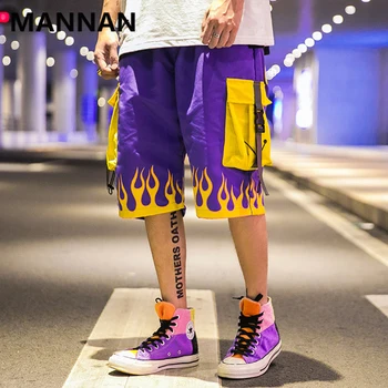 

MANNAN Short Pants Men Casual Hip Hop Pocket Fire Streetwear Print Loose Cargo Shorts Men Summer Fashion High Street Bermuda