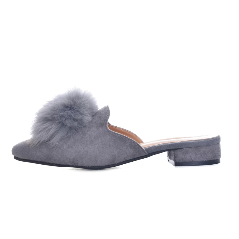 

SAILING LU Women Shoes Spring 2019 Mules Low-Heeled Slippers Ladies Faux Fur Ball Flock Vamp Pumps Female Casual Shoes XWD6097