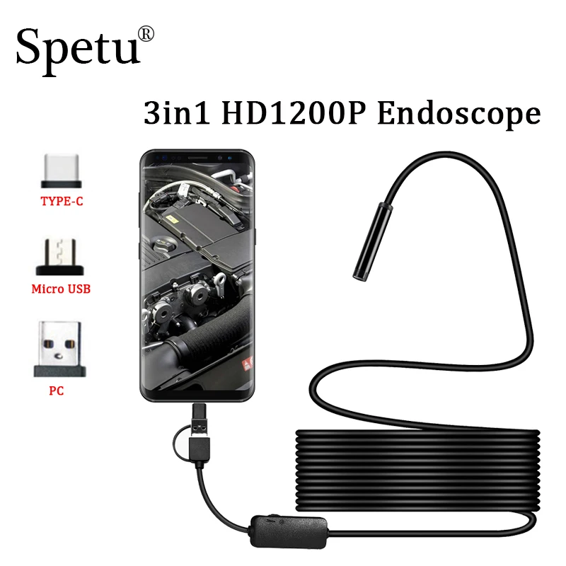 

Spetu 1200P 3in1 USB Endoscope Andriod Borescope 8mm Lens HD Waterproof IP68 Soft Wire Pipeline Endoscopic PC Android Camera