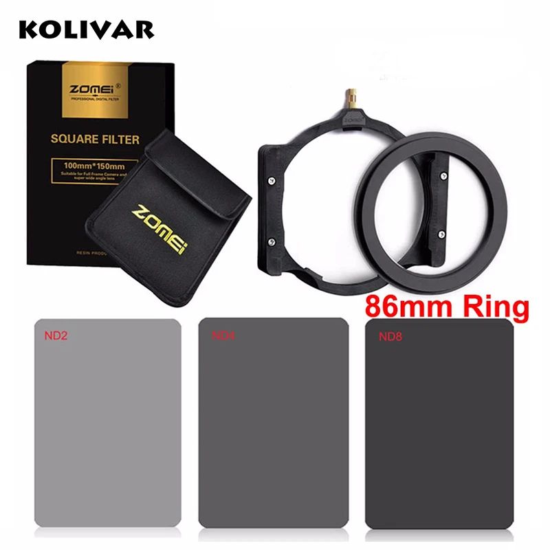 

KOLIVAR Zomei 86mm Adapter Ring+Multifunction Filter Holder+150*100mm Full Neutral Density ND2/4/8 Square Filter Kit for Cokin Z