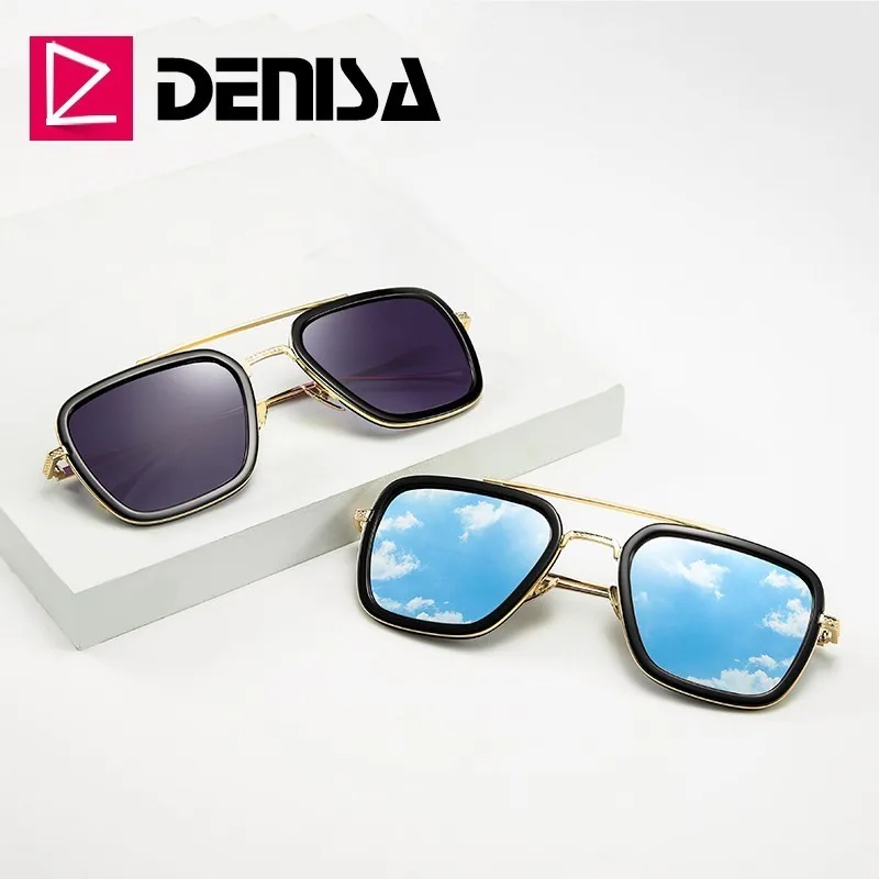 

DENISA Avengers Tony Stark Sunglasses Men Flight Style Iron Man Sunglasses Square Mirror Pilot Sun Glasses For Women UV400 G743