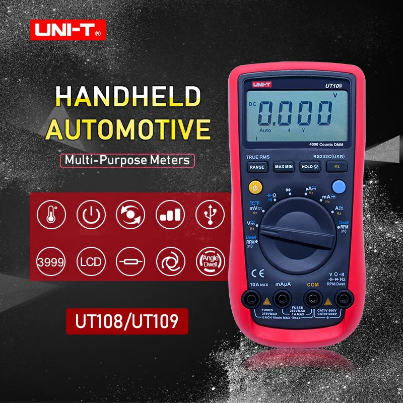 

UNI-T UT108 UT109 Digital Multimeter;Auto Range Data Hold AC DC volt Ampere Ohm meter; Capacitor Frequency test RS232C interface