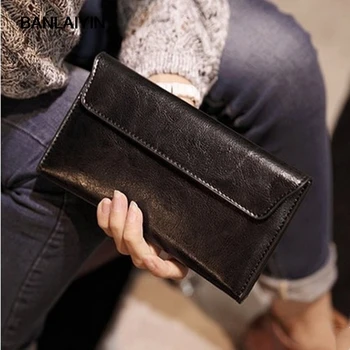 

New Genuine Leather Women Wallet Solid Vintage Wallet Long Purse Multiple Cards Holder Clutch Women Standard Wallet