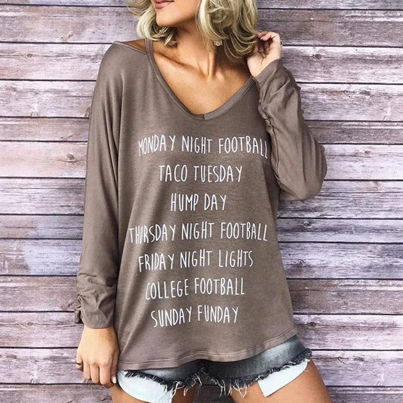

2018 Best Sell Fashion Khaki Letter Print Sexy Hollow Out Off Shoulder V Neck Autumn Spring Wear Long Sleeve Women Tops T Shirt